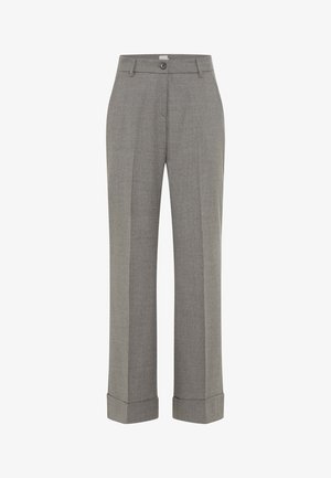 Grijze op maat gemaakte broek in lichtgewicht stof, met een rechte snit, een knoopsluiting in de taille en opgerolde zomen. Glad oppervlak met een subtiel patroon.