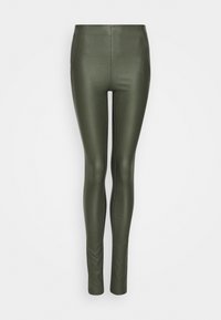 Olivgrüne Leggings aus glänzendem Material mit figurbetonter Passform, ausgestattet mit einem hohen Bund und nahtloser Verarbeitung.