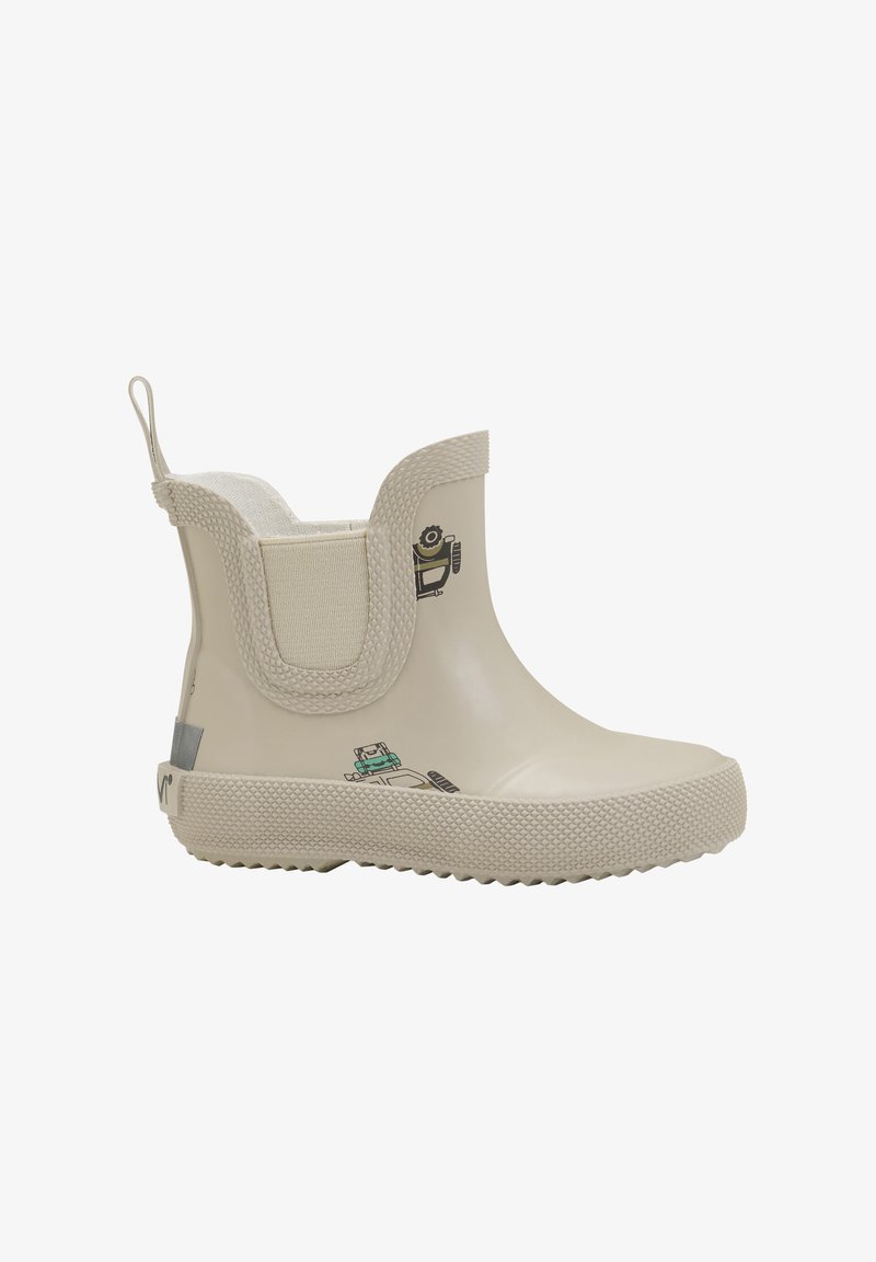 Bottines en caoutchouc beige avec des motifs de dessins animés décoratifs, des panneaux latéraux élastiques et une semelle en caoutchouc texturée pour une meilleure traction.