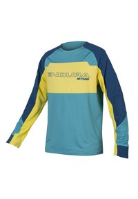 Langsleeve fietsjersey met blauwe, gele en teal kleurvlakken, voorzien van geperforeerde accenten op de mouwen en een logo-opdruk aan de voorkant.