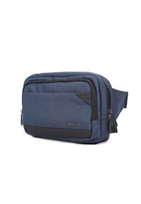 Borsa a spalla di tessuto blu con una superficie liscia, tasca con zip frontale e dettagli neri. Presenta il logo sul lato e una tracolla regolabile.