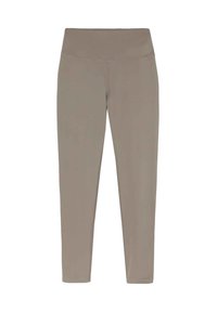 Leggings aderenti di colore beige opaco, realizzati in materiale liscio e elasticizzato. Presentano un alto punto vita e nessuna cucitura visibile.