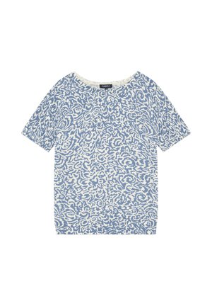 Camiseta de manga corta con cuello redondo, con patrón floral abstracto en azul y blanco y dobladillo acanalado, marca Caroll.