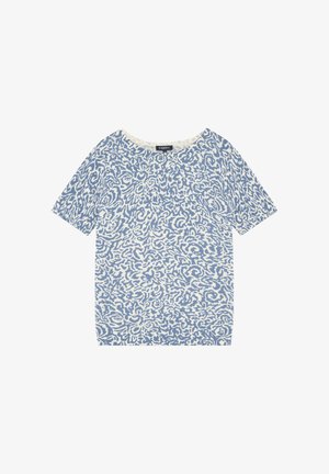 Camiseta de manga corta con cuello redondo, con patrón floral abstracto en azul y blanco y dobladillo acanalado, marca Caroll.