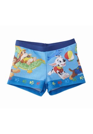 Costumi da bagno per ragazzi in blu, con cani cartoon colorati, un motivo testurizzato, cintura elastica e design grafici giocosi.