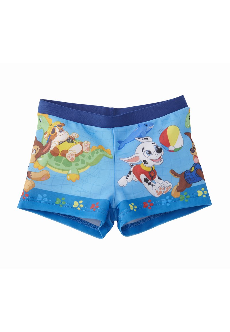 Costumi da bagno per ragazzi in blu, con cani cartoon colorati, un motivo testurizzato, cintura elastica e design grafici giocosi.