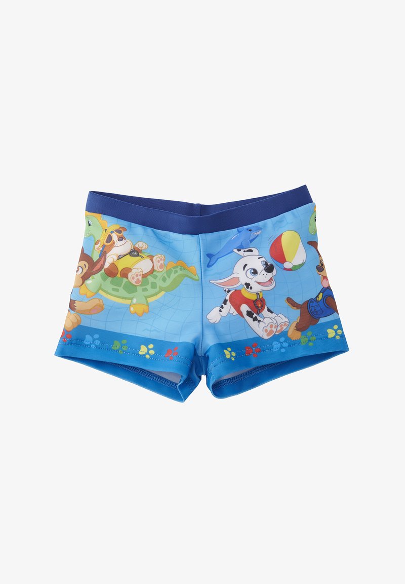 Costumi da bagno per ragazzi in blu, con cani cartoon colorati, un motivo testurizzato, cintura elastica e design grafici giocosi.