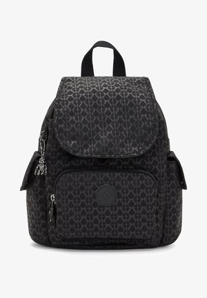 Black fabric backpack featuring a geometric pattern, zippered front pocket, side pockets, and a top handle for carrying.