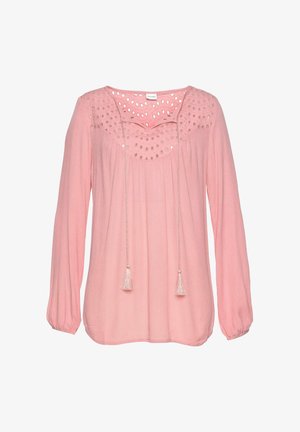Pink long-sleeve blouse with pleated texture, round neckline featuring cut-out details, and a front tie closure with tassels.