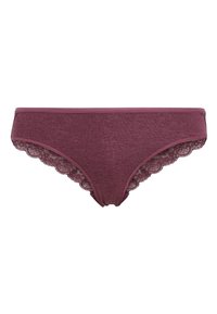 Paarse katoenen bikinionderbroek met een geschulpte kantzoom langs de tailleband en benen, met een gladde textuur en een lage taille.