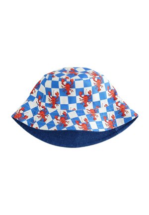 Eimerhut mit blau-weiß kariertem Muster und roten Hummern sowie einer durchgehenden dunkelblauen Krempe.