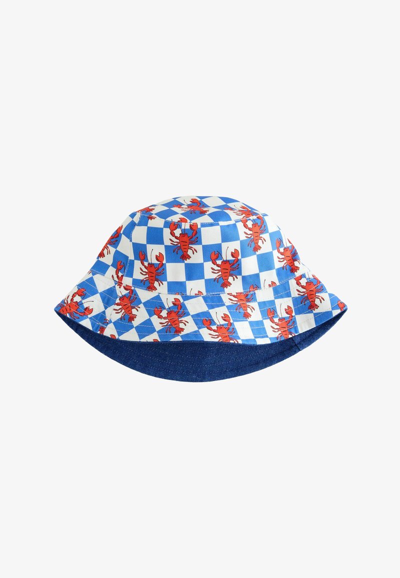 Chapeau bob avec un motif à carreaux bleu et blanc, agrémenté de homards rouges, et une bordure unie bleu marine foncé.