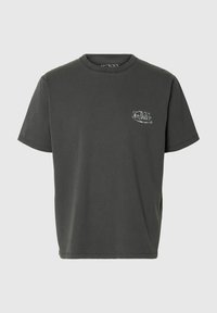 T-shirt gris foncé à manches courtes avec petit logo blanc "Von Dutch" sur la poitrine gauche, col rond, présenté sur un fond clair uni.