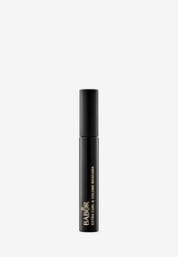 Sort mascara-rør med mat finish, prydet med et guldmærke med "BABOR" og produktnavnet, cylindrisk form og slankt design.