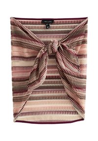 Falda de punto con rayas zigzag horizontales en tonos rosa, burdeos y beige, con detalle de nudo frontal y etiqueta de New Look.