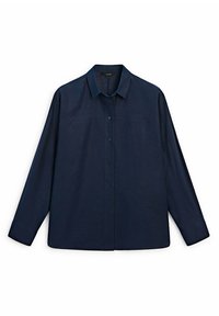 Chemise à manches longues bleu marine en tissu léger, dotée d'une fermeture boutonnée, d'un col classique et d'une coupe structurée avec une texture lisse.