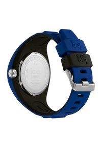 Blue silicone watch with a black accent, featuring a stainless steel case back and a silver buckle, displaying a circular design.