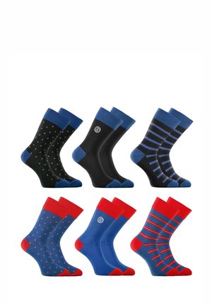 Lot de six paires de chaussettes : noires avec petits pois violets, bleu foncé à rayures, rouge et bleu à motifs, et options unies.
