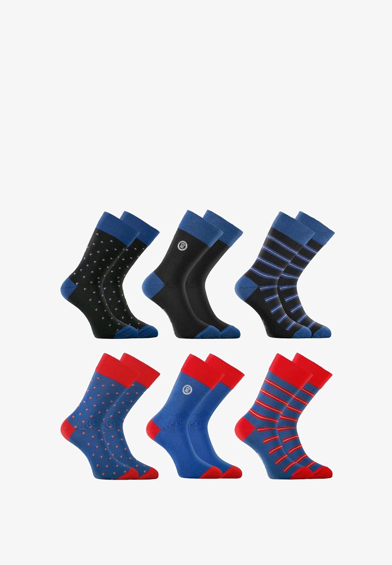 Lot de six paires de chaussettes : noires avec petits pois violets, bleu foncé à rayures, rouge et bleu à motifs, et options unies.