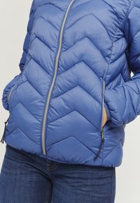 Veste rembourrée bleue avec un matelassage en chevron, fermeture éclair à l'avant et poches latérales ; fabriquée en matériau léger et brillant. Convient pour les temps froids.