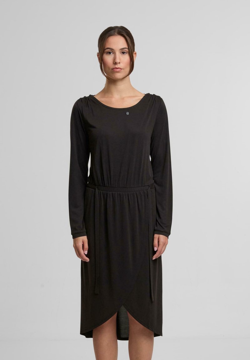 Schwarzes, langärmeliges Kleid mit Rundhalsausschnitt, gerafften Schulterakzenten, elastischem Taillenbund und einem Wickelrock mit seitlichem Schlitz.