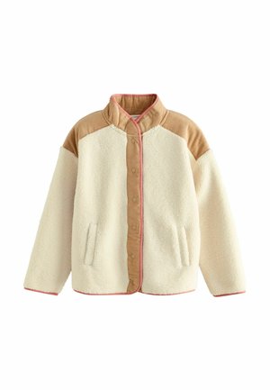 Fleecejacke in Creme mit corduroyfarbenen, braunen Schultern, Druckknopfverschluss und rosa Akzenten. Sie hat seitliche Taschen und ein Kragen-Design.