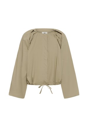 Bézs színű hosszú ujjú dzseki, húzott szegéllyel és kötőfűzővel, kerek nyakkivágással, sima, laza szabással.