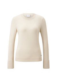 Beige Pullover mit langen Ärmeln, Rundhalsausschnitt, gerippten Bündchen und einer glatten Textur. Mit einem Logo-Tag an der unteren linken Seite.