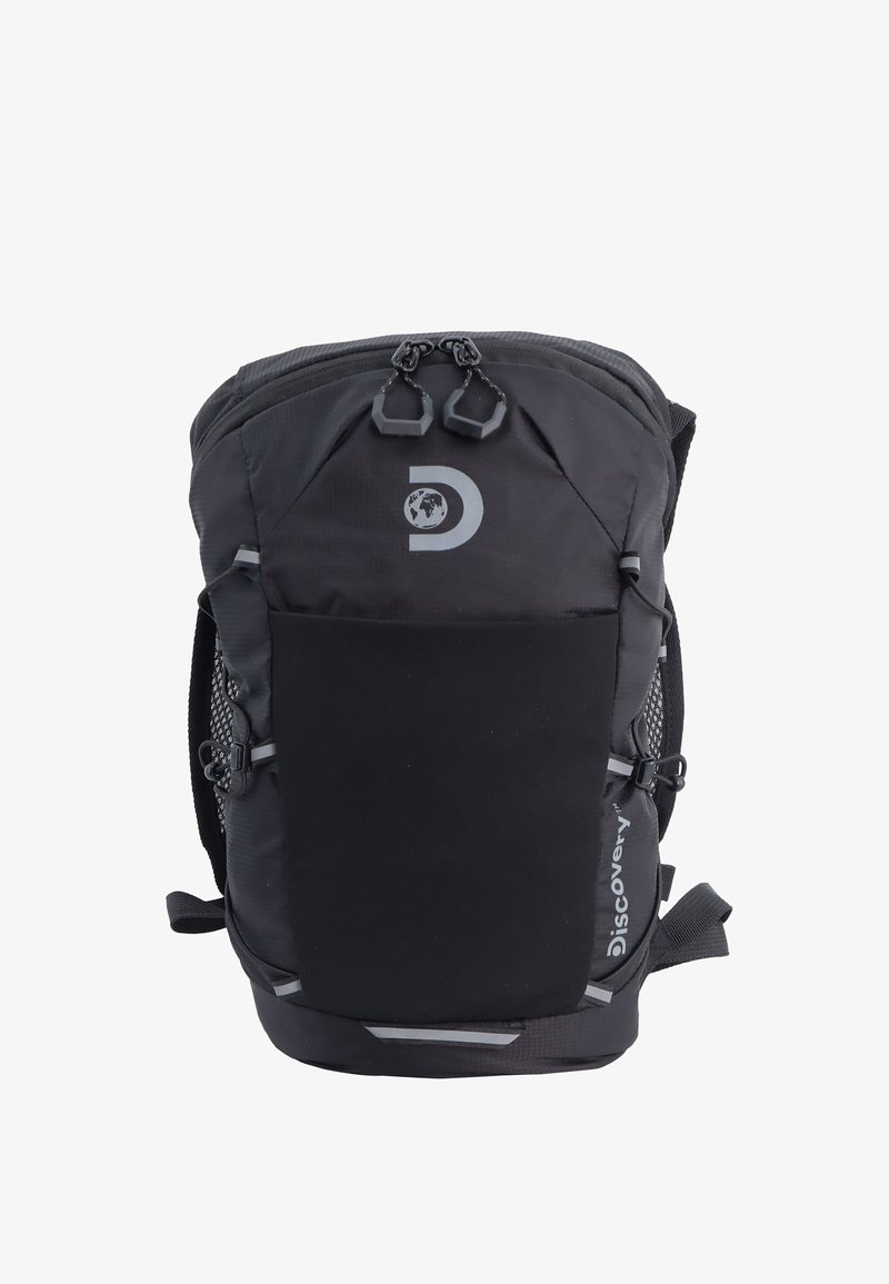 Black backpack made of durable fabric, featuring a zippered main compartment, front pocket, mesh side pockets, and adjustable straps.