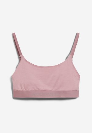 Helle rosa Bralette mit dünnen verstellbaren Trägern, glatter Textur und weichem Bund mit eingeprägtem Markennamen entlang der Unterkante.