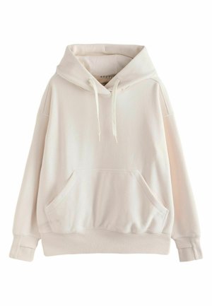 Kremowa, oversize'owa bluza z kapturem, z przednią kieszenią typu kangur, sznurkiem do regulacji kaptura oraz prążkowanymi mankietami i dołem.