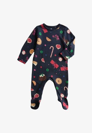 Body a maniche lunghe blu navy realizzato in tessuto morbido, con stampe colorate a tema alimentare, tra cui bastoncini di zucchero, biscotti e frutta.