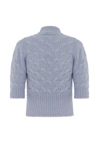 Maglione a maglia blu chiaro con motivo a treccia, maniche corte e colletto alto. Il tessuto appare morbido e strutturato.