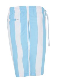 Blaue und weiße gestreifte Badeshorts mit elastischem Bund, Kordelzugverschluss und einer Seitenasche mit Reißverschlussdetail.