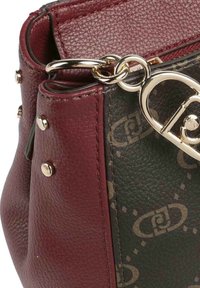 Bolso de cuero burdeos con un lateral estampado en verde, con herrajes dorados y un cierre decorativo. El material texturizado añade dimensión.