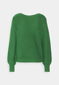 Green knitted sweater featuring a wide neckline, long balloon sleeves, and ribbed cuffs, with a textured finish throughout.