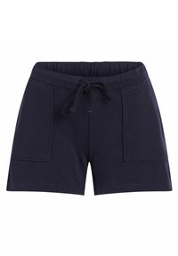 Tmavě modré teplákové kraťasy vyrobené z měkkého materiálu, s elastickým pasem, šňůrkou a dvěma předními kapsami. Jednoduchý design, pohodlné nošení.