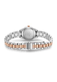 Edelstahl-Armbanduhr mit Band in Roségold-Optik. Sie verfügt über ein rundes Gehäuse mit einer Krone und gravierten Details auf der Rückseite. Wasserdicht.