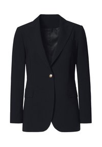 Czarna marynarka z pojedynczym zapięciem na guzik, klapami w kształcie notcha, dwoma przednimi kieszeniami oraz gładką satynową podszewką. Dopasowany krój i wyrafinowany design.