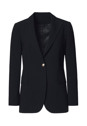 Czarna marynarka z pojedynczym zapięciem na guzik, klapami w kształcie notcha, dwoma przednimi kieszeniami oraz gładką satynową podszewką. Dopasowany krój i wyrafinowany design.
