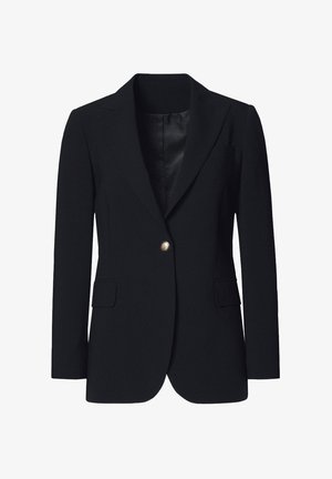 Czarna marynarka z pojedynczym zapięciem na guzik, klapami w kształcie notcha, dwoma przednimi kieszeniami oraz gładką satynową podszewką. Dopasowany krój i wyrafinowany design.