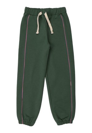 Grüne Sweatpants mit einem Kordelzugbund, ausgestattet mit rosa seitlichen Streifen, elastischen Bündchen und einem weichen, strukturierten Stoff.
