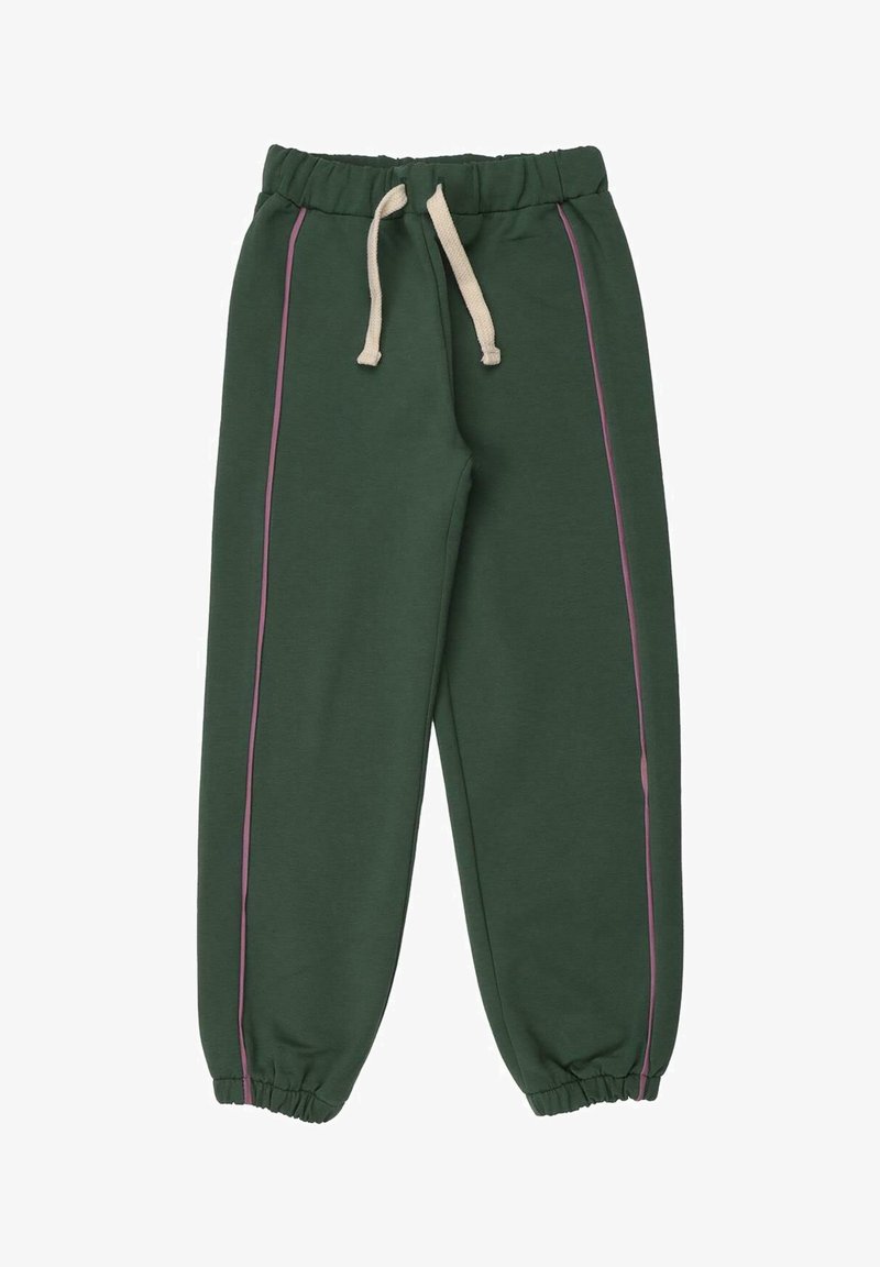 Grüne Sweatpants mit einem Kordelzugbund, ausgestattet mit rosa seitlichen Streifen, elastischen Bündchen und einem weichen, strukturierten Stoff.