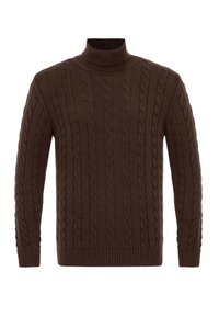 Pull en maille torsadée marron avec un col et des poignets côtelés, présentant un motif texturé sur l'ensemble. Coupe standard et manches.