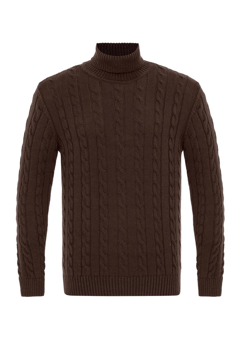 Pull en maille torsadée marron avec un col et des poignets côtelés, présentant un motif texturé sur l'ensemble. Coupe standard et manches.