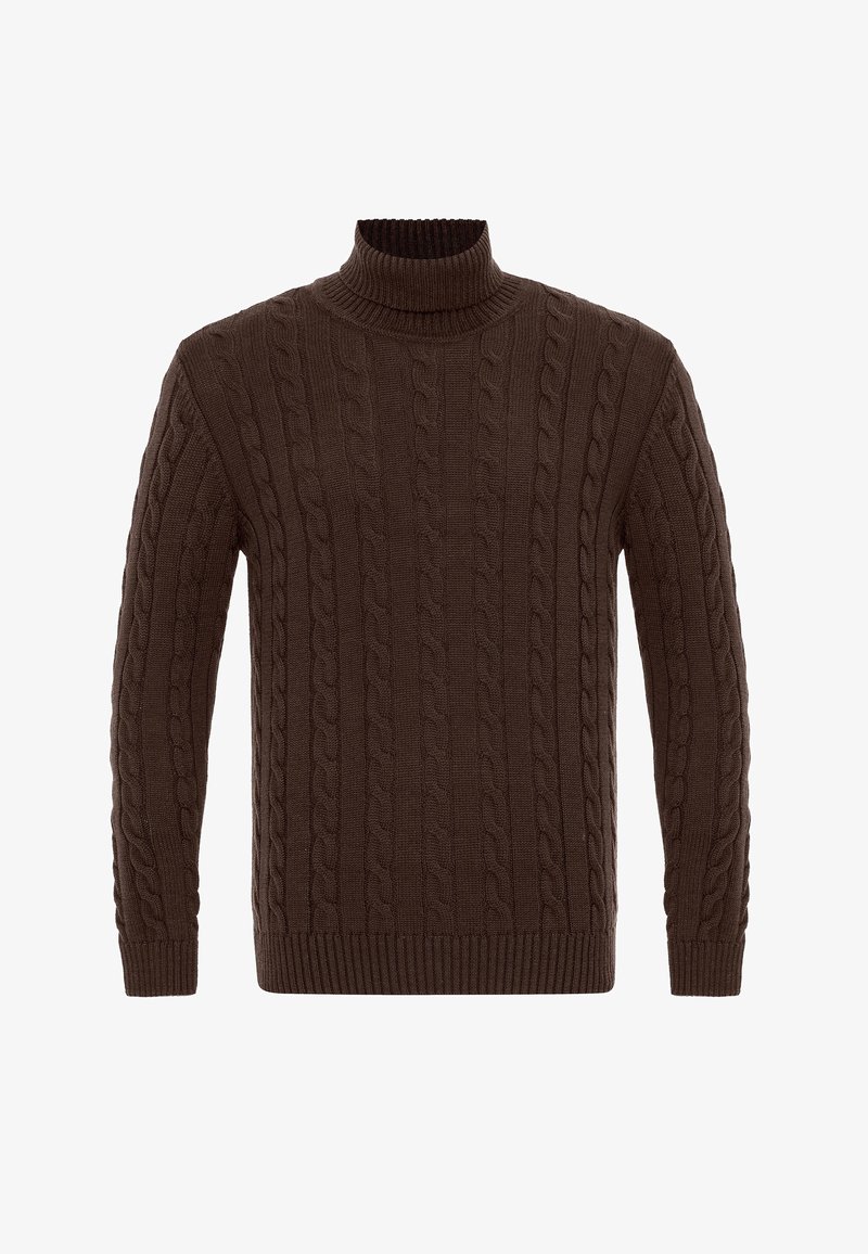 Pull en maille torsadée marron avec un col et des poignets côtelés, présentant un motif texturé sur l'ensemble. Coupe standard et manches.