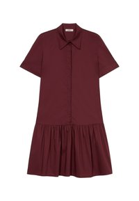 Kurzärmliges Kleid in dunklem Burgundy mit einer Knopfleiste, einem strukturierten Kragen und einem schwingenden, rüschierten Saum aus glattem Material.