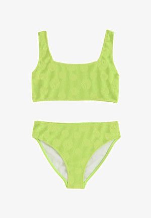 Dwuczęściowy bikini w kolorze limonkowym z fakturą, szerokimi ramiączkami i tłoczonymi wzorami muszli na górze i dole.