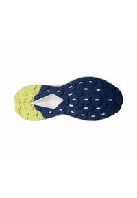 Suela de zapato con un patrón multiestructurado. Predominantemente en azul marino con acentos en verde lima y blanco, con un dibujo profundo para tracción.