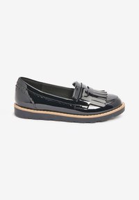 Black patent loafers with a fringed accent, round toe, and contrast stitching. Features a thick sole for comfort and grip.